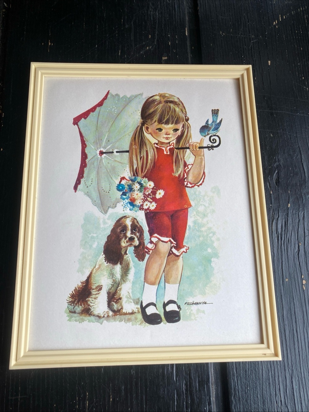 Cute Girl and Dog Illustration Wall Art - Red